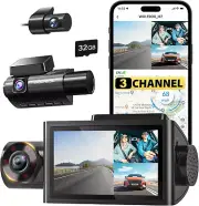 I07 3 Channel Dash Cam Built-In Wifi GPS, 4K+1080P Dash Camera Front and Inside,