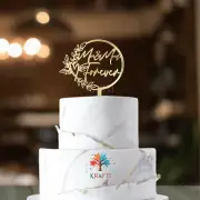 Mr & Mrs Forever Cake Topper Circle and Leaves Design for Wedding & Anniversary