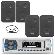Pyle PLMRB29W Bluetooth Marine USB Radio, Black 4" 30W Box Speakers, Antenna