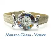 MURANO GLASS WATCH authentic CERTIFICATE Quartz SEIKO leather CHROME, Light Grey