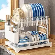 Dish Drying Rack for Kitchen Counter with Drainboard, Large 2 Tier Dish Rack and Drainboard Set with Cutlery Holder(White)
