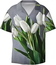 [HVTTIOR] White Tulips Flowers Print Short Sleeve Shirt Cuban Collar Beach Casual Style Summer Vacation Relaxed Fit