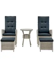 Alaterre Haven All-Weather Wicker Set of Two Outdoor Recliners with Ottomans and Round Glass Top Accent Table