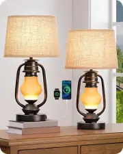 21.65" Farmhouse Table Lamp Set of 2, Bedside Lamp with 3W 2700K LED Glass Lante