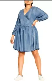 City Chic Womens Sz M/18 Pared Back Long Sleeve Chambray Denim Wrap Dress Beach