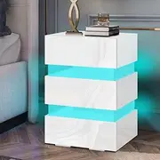 ALFORDSON LED Bedside Table High Gloss Nightstand Cabinet Chest with 3-Drawer, for Hallway, Bedroom and Living Room Storage Side Table White
