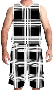 [KQNZT] Basketball Jersey with Shorts, Basketball Jersey for Women, Hip hop Clothing for Party, Plaid Check Tartan Black White Vintage