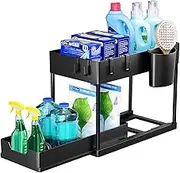 Puricon 1 Pack Under Sink Organizers and Storage Pull Out Sliding Drawer, 2 Tier Multi-purpose Kitchen Under the Sink Organizer Under Bathroom Sink Shelf Storage Rack for Countertop Laundry -Black