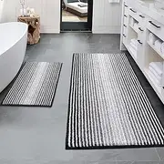 BSICPRO Bathroom Rugs and Mats Sets, 2 Piece Thick Absorbent Chenille Bath Mat Rug Set Non Slip, Soft Shaggy Bath Room Floor Mats for Bathroom, Machine Washable (20" x 47" Plus 16" x 24", Black)