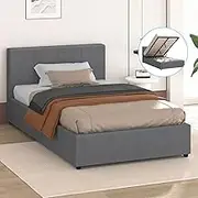 ALFORDSON Bed Frame Base with Gas Lift Storage King Single Size Tricia Series with Bed Head, Mattress Topper Platform Foundation with Linen Fabric Upholstery for Bedroom, Fabric Grey