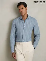 Reiss Airforce Blue/White Bengal Stripe Ruban Linen Striped Cutaway-Collar Shirt (AP6305) | $225
