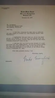 SIGNED TYPED letter from Sen. Mike Mansfield(MT) to Jim Murray LA Times