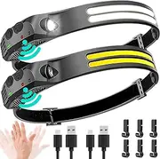 LED Headlamp Rechargeable 2PCS - 230° COB Super Bright Head Lights for Forehead, Hard hat Light for Adults, USB C Headband Flashlight for Work, Hiking, Running, Camping Essentials Gear