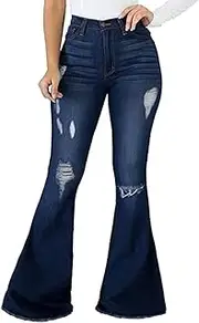 [Valtorixia] Women Bell Bottom Jeans Elastic Ripped High Waisted Flared Jean Destroyed Raw Hem Denim Pants