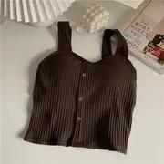 Plain Button Ribbed Padded Cami Top Coffee - One Size
