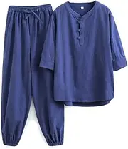 [NTWSHS] Chinese Clothing Unisex Cotton Linen Tai Chi Suit Kung Fu Clothing Martial Arts Suit, Tang Suit Short Sleeve Pants, Wing Chun Zen Meditation Uniform(Blue,X-Large)