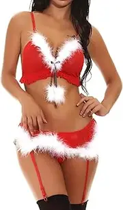 [Generic] Womens Matching Set Santa Lingerie Red V Neck Lace Set Playful Promises Lingerie Plus Size
