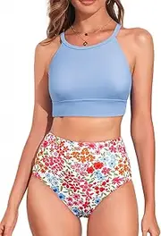 [Herseas] Women's Swim Skirt Mesh Tiered Ruffle High Waisted Bikini Bottom with Shorts