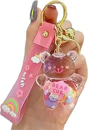 [WIMETI] Kawaii Keychain Bear Liquid Floating quicksand Cute keychains Bag Charm Wristlet Bracelet Key Ring for Women Girl, Pink, One Size