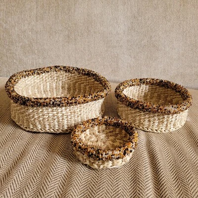 Kenyan Sisal Basket Decor Straw Boho Farmhouse Catchall Key Holder Tray Set Bead
