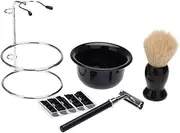 BARBERPLAN Professional Men Beard Brush Set 5 in 1 Salon Manual Razor Stainess Steel Stand Holder Kit Face Clean Shaver Tools