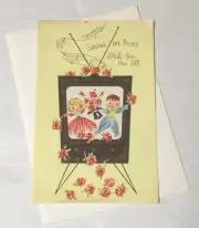 Vtg Unused MCM Get Well Singing Blues Greeting Card TV Television Roses 937A