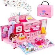[deAO] Doll Houses Portable Backpack for Girls with Doll Toy House with Light and Music Baby Dollhouse Furniture for 2 to 8 Years Olds Toddler Kids