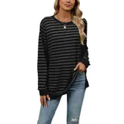 Stripe Side Split Loose Casual Jumper - Black with Dark Grey