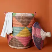 Decorative Wicker Basket with Lid & Handles, Laundry Hamper, Blanket Storage, To