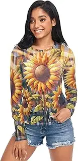 [RPLIFE] Sunflowers Plaid Womens Mesh Shirt, See Through Long Sleeve Tops for Women S-XXL