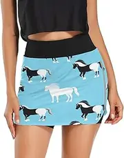 [RPLIFE] White Black Horses Light Sky Blue Womens Athletic Skirt, High Waisted Skort Women, Golf Skirts Women Small