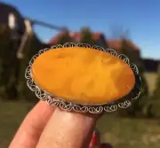 Baltic Yellow Butterscotch Amber Oval Shape Antique Vintage 875 Silver Brooch