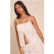 Petite White Linen Look Broderie Swirl Detail Floaty Top, White