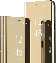 [QIWEIQING] Compatible with Samsung Galaxy S23 Ultra Case, Mirror Makeup Clear View Window Slim Cover Scratchproof with Kickstand Full Protective Cover for Galaxy S23 Ultra. Mirror Gold QH