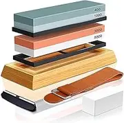 Knife Sharpening Stone Set - 2 Side Grit 400/1000 3000/8000 Kitchen Knife Sharpener Stone, Professional Whetstone Include Non-Slip Rubber Bases, Bamboo Base, Flattening Stone, Leather Strop