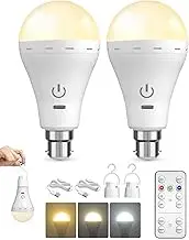 BrightArk Rechargeable Light Bulbs with Remote Control, 3 Color + 10%-100% Dimmable Battery Light Bulb, USB Rechargeable Light Bulb with Touch Control B22 A70 LED for Indoor/Outdoor/Camping(2 Pack)