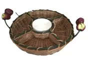 New~4 Section Wicker Serving Tray w/Ceramic Apple Handles Ceramic Dip Bowl