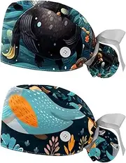 [YTYVAGT] 2-Pc,Nurse Scrub Caps,Scrub Hats with Buttons and Cotton Sweatband,Big Cormorant Animal Art Pattern