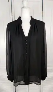 White House Black Market Sz 10 Black Chiffon Blouse Gold Buttons Long Sleeve NWT
