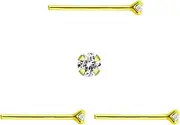 [DENI] 3 x Nose Studs Straight Stem Gold Tone Round Cubic Zirconia Stone Impressive Shine Very Small 1mm Thin Bar 0.6mm 10mm Largo Silver No Gemstone, 10mm largo, Silver, No Gemstone