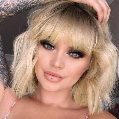 Short Ombre Blonde Wigs with Bangs Synthetic Wavy Curly Pastel Blonde Bob Wig...