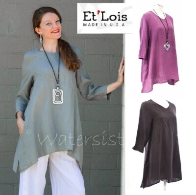 ET'LOIS USA Linen JULIA TUNIC Long A-line Angled Seam Pocket Top XS S M L XL