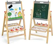 BABY JOY Kids Art Easel, 3-in-1 Wooden Toddler Easel w/Paper Roll, Storage Tray, Eraser, Height Adjustable Double Sided Whiteboard Chalkboard Art Easel for Boys Girls Painting, for Over 3 Years Old