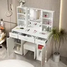 Wooden Vanity Set Dressing Table Stool Make up Desk With Lighted Mirror Dimmable