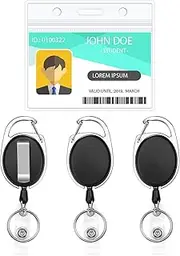 Heavy Duty Retractable Badge Holders with Carabiner Reel Clip and Extra Thick Clear Name Tag ID Card Holders,1Pcs Horizontal Waterproof Card Protector+3 Extra Key Chain Carabiner