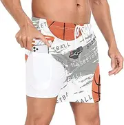 [GuoChe] Men Swim Shorts Men's 2 in 1 Running Shorts Basketball Sporting Grunge Gray White with Compression Liner and Pockets