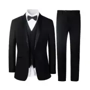 Men's Suit Pants Vest Blazer Solid Black 3Pcs Slim Tuxedo Shawl Lapel #Black8745