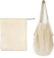 ｙｓｅｓｉｅｒ Reusable Cotton Mesh Produce Bags with Drawstring & Long Handles - 2-Pack Eco-Friendly Fruit Vegetable Shopping Storage Bags Beige (L)