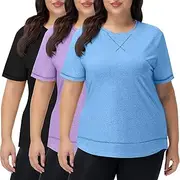 [Coume] 3 Pack Women's Plus Size Workout Tops Short Sleeve Loose Fit Crew Neck Shirts Quick Dry Gym Clothes