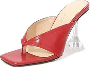 [HOTRA] Women Stiletto Flip Flops for Party Square Toe Leather Mules Thong Pretty Dressy High Heels Slip on Slipper Shoes (Color : Red, Size : 3)